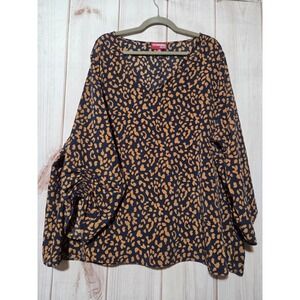 Downing Studio Women's 3X Navy Orange Leopard Print Ruched Sleeve V Neck Blouse